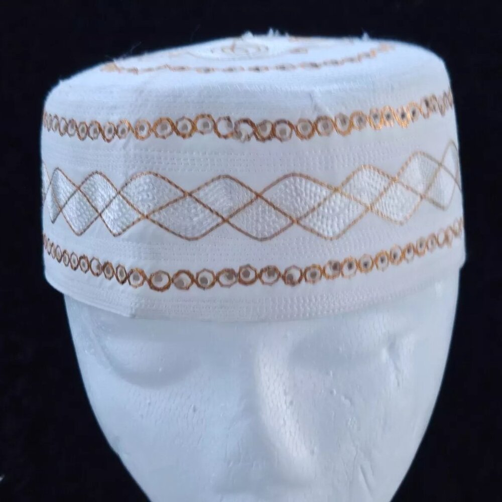 Men Prayer Hat EID Pray Cap Topi Religious Hat Gold Tone Embroidery Size 53cm